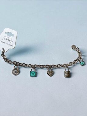 Stainless Steel Charm Bracelet with Turquoise Accents